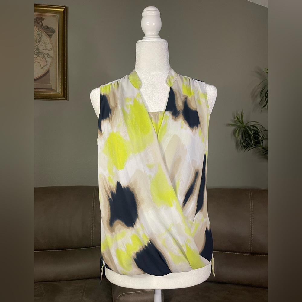 Alfani Petite Lime Black Beige White Watercolor Print Sleeveless Wrap Top Sz 6P